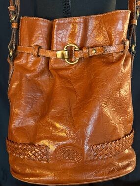 Vintage The Bridge Italian Braided Leather Bucket Crossbody Bag Cognac